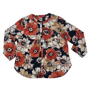 Anne Klein Size 14 Floral Print Red Black Beige Button Blouse Roll Tab Sleeve